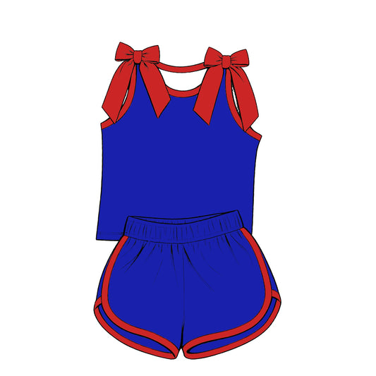 custom moq 5 mix size Baby Girls Red Bow Sleeveless Blue Top Shorts Summer Cute Clothing Set