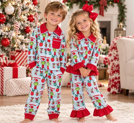 RTS NO MOQ Sibling milk silk Boys And Girls Christmas Button Down Collared Pajama Set Red Ruffle Trim Sleepwear