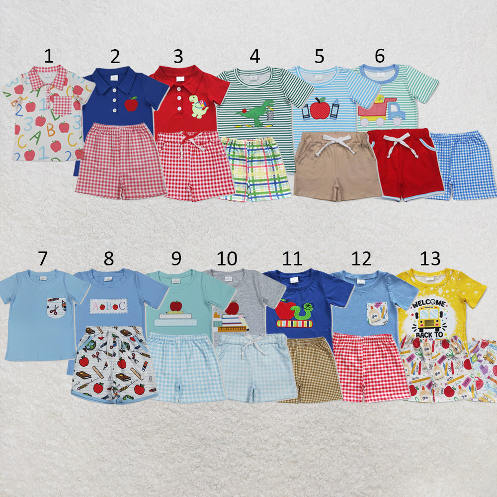 RTS NO MOQ Sibling milk silk Baby Boys Short Sleeve Back To School Print Top And Shorts Clothes Sets
