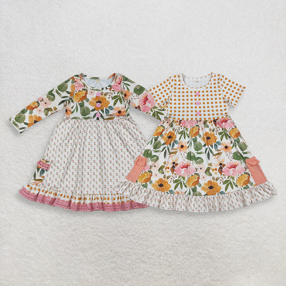 RTS NO MOQ Sibling Baby Girls Short Sleeve with Flowers Button Pockets Ruffle Knee-Length Dress