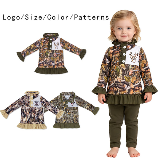 RTS NO MOQ Sibling milk silk Baby Girls Long Sleeve Camo Half Zip Ruffle Top Print Pullover
