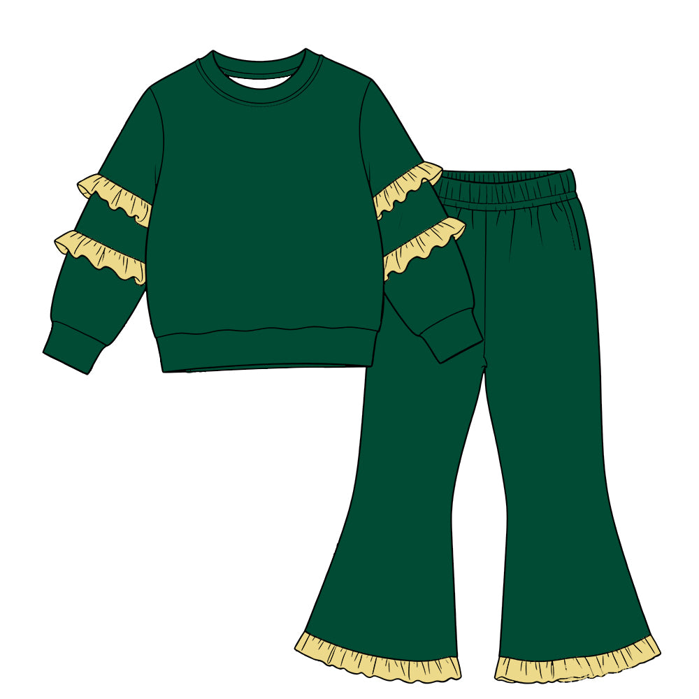 custom moq 5 cotton girls ruffle sets Baby girl's yellow ruffle-detail green long-sleeve top and ruffled bell-bottom pants set