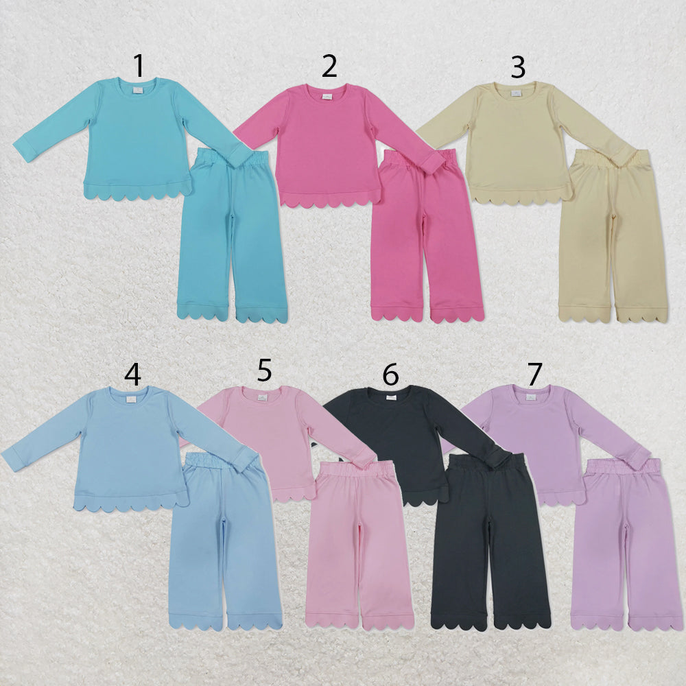 RTS NO MOQ Sibling cotton Baby Girls Solid Color Long Sleeve Top Pants Scallop Pajamas Clothes Sets Sleepwear Outfit