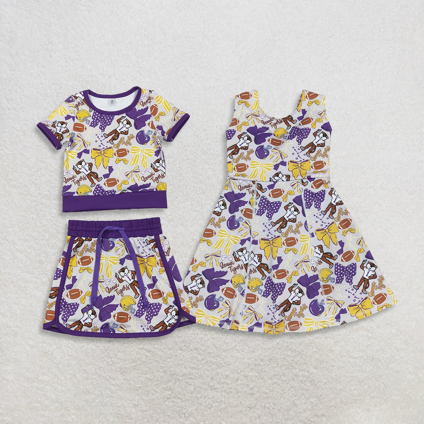RTS NO MOQ Sibling yoga fabric Baby Girls Bow Football Print Short Sleeve Top Skort  Summer Team Yoga Active Outfit Set Shorts Knee Length Dresses