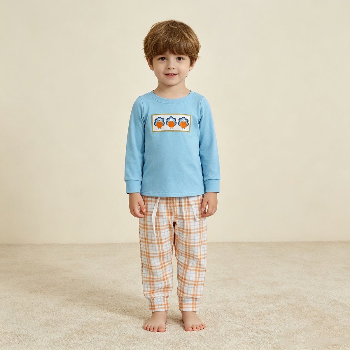 NEW RTS NO MOQ milk silk BLP1498 Embroidery Baby Boys Long Sleeve Top Pockets Pant Thanksgivings Clothes Sets