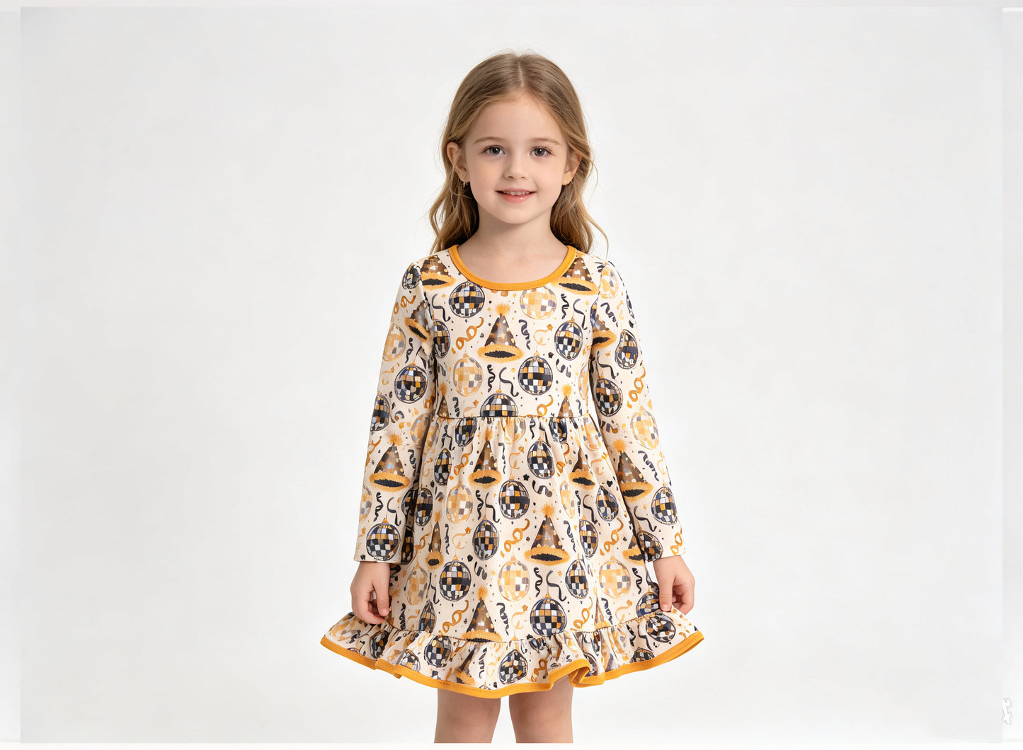 (Sample) No moq milk silk GLD1723 Baby Girls Stars Lights Happy New Year Ruffle Knee Length Dress