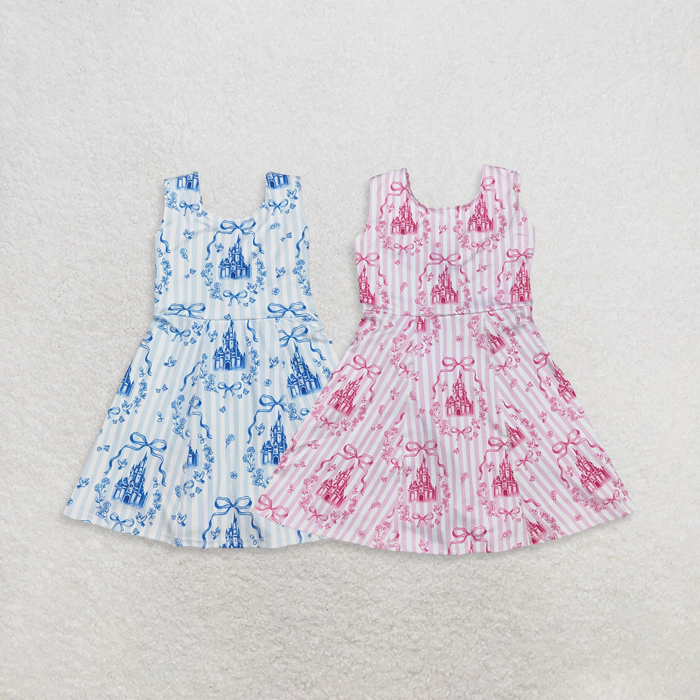 RTS NO MOQ Sibling Baby Girls Pink Stripe Bow Active Wear Short Dress
