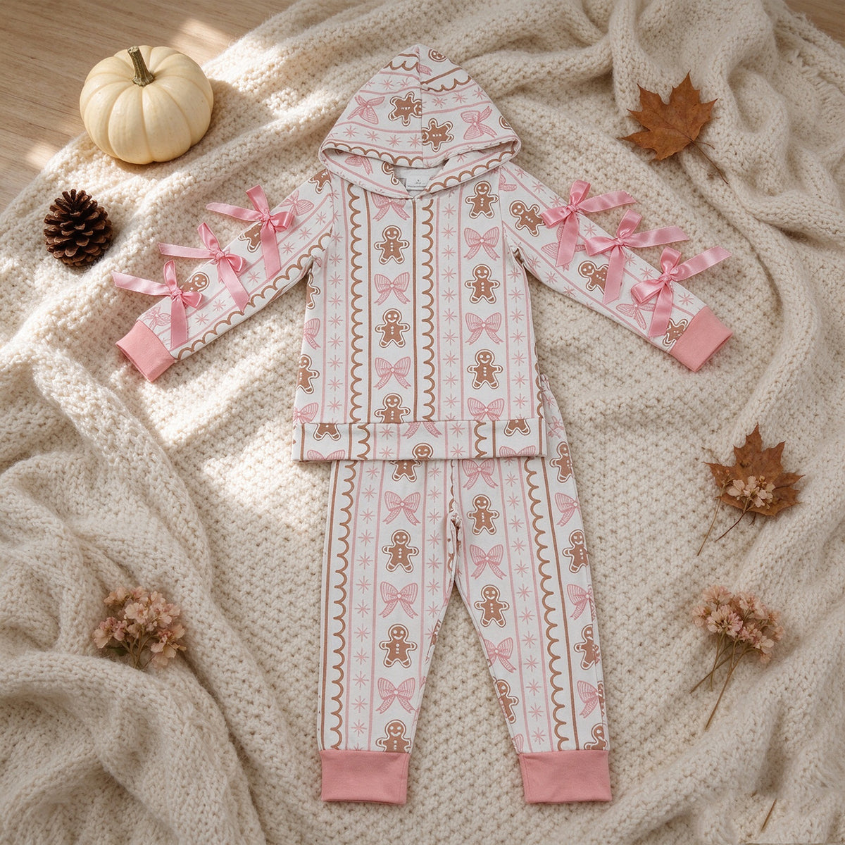 NEW RTS NO MOQ milk silk GLP3614 Baby Girls Bows Gingerbread Hoodie Pockets Elastic Jogger Christmas Outfit Set
