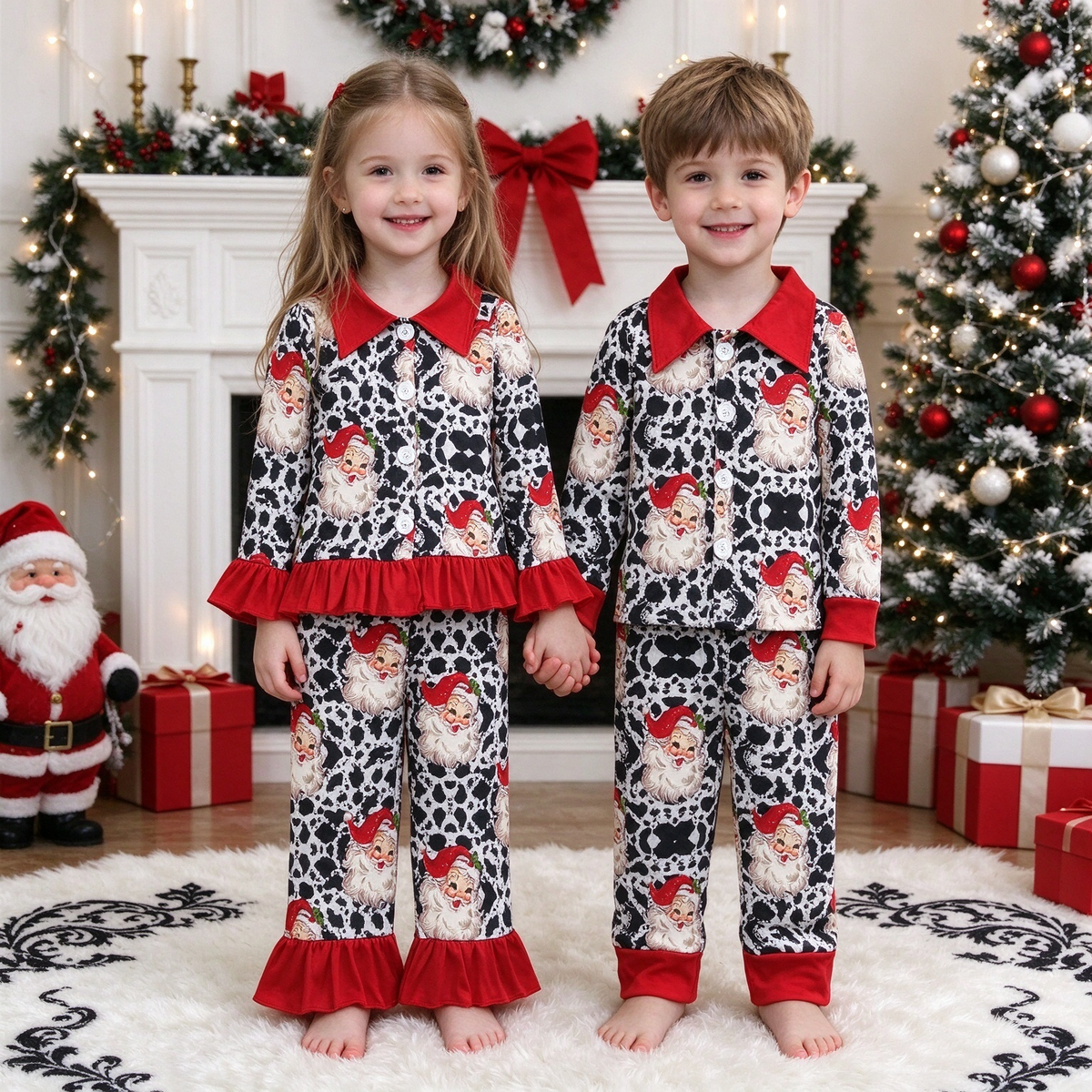 Kids Cow Print Santa Christmas Collection - Girl Ruffle Button PJ Set & Boy Cuff Button PJ Set