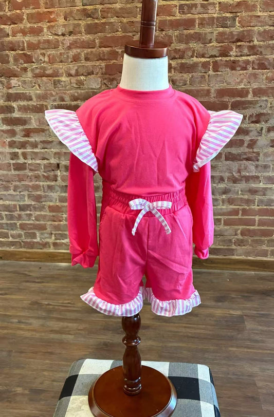NEW RTS NO MOQ milk silk GLS0221（GT1848+SS1001）Baby Girls Watermelon Red Stripe Flutter Sleeve Top Pockets Ruffle Short Set