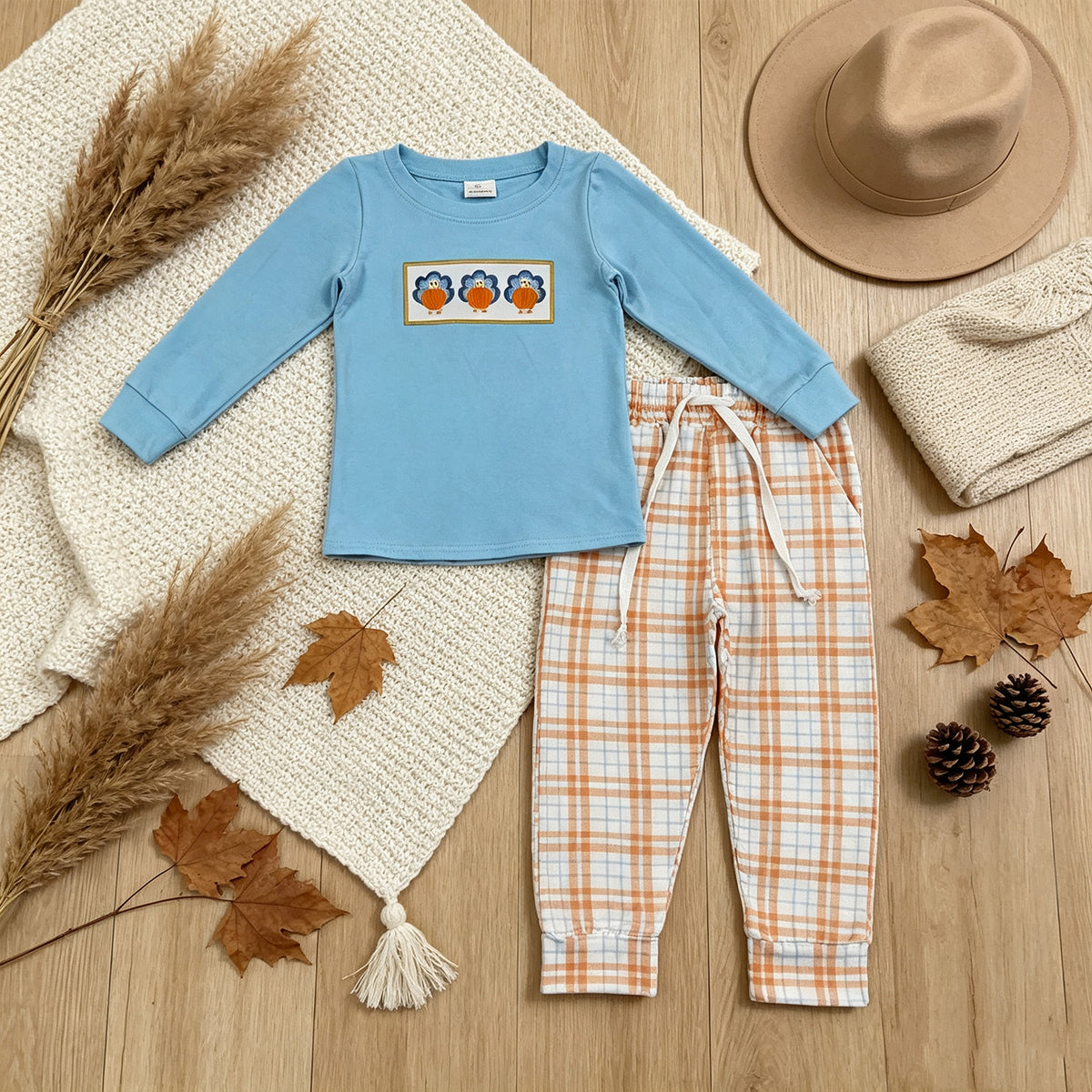 NEW RTS NO MOQ milk silk BLP1498 Embroidery Baby Boys Pockets Pant Thanksgivings Clothes Sets