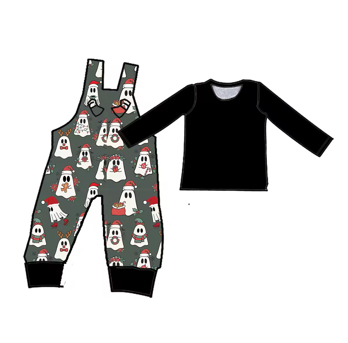 Custom moq 3 eta 6-8weeks Black Long Sleeve Top-Grey Snowman Overalls Set