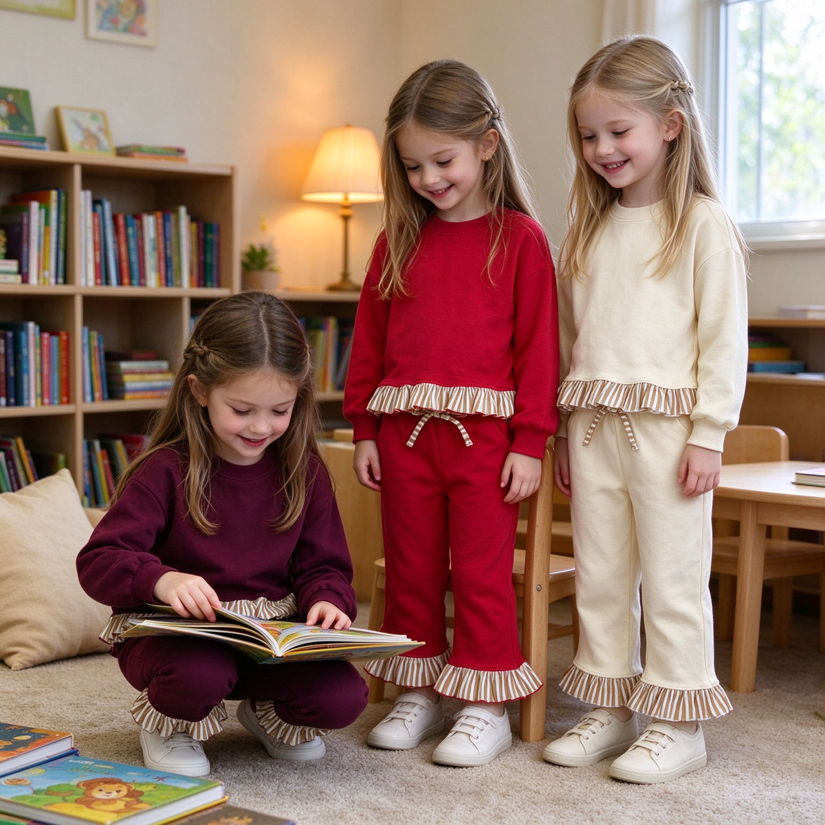 RTS NO MOQ Sibling fleece Baby Girls Cute Solid Color Long Sleeve Top Pockets Pants Sweater Clothes Set