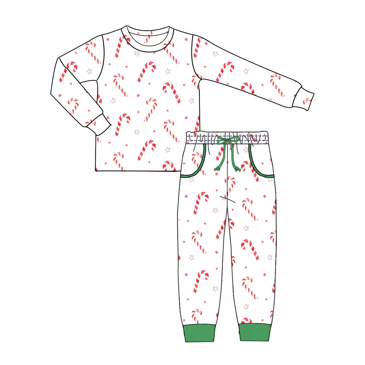 Custom moq 3 eta 6-8 weeks Red Striped Christmas Cane-Five-Pointed Star Pattern White Long Sleeve Suit