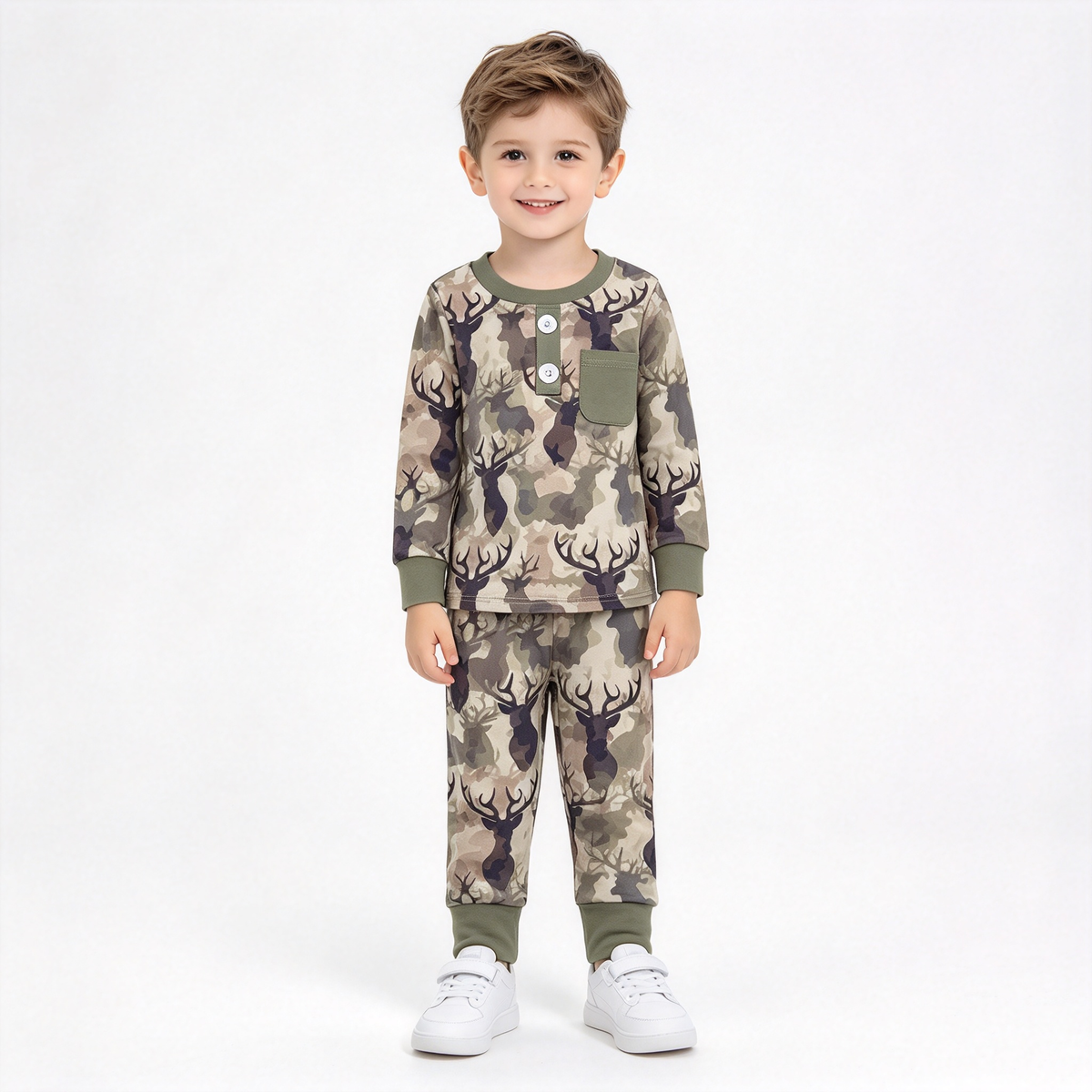 RTS NO MOQ Sibling milk silk Baby Boys Girls Deer Camo Long Sleeve Ruffle Top Pants Pajamas Set And Zipper Romper