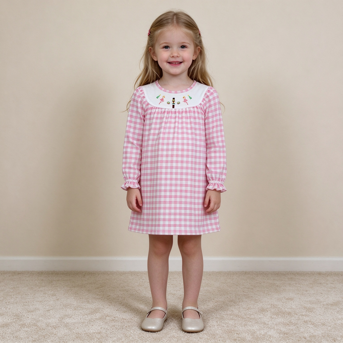 NEW RTS NO MOQ milk silk GLD0610 Embroidery Baby Girls Trees Print Pink Checked Long Sleeve Knee Length Dress