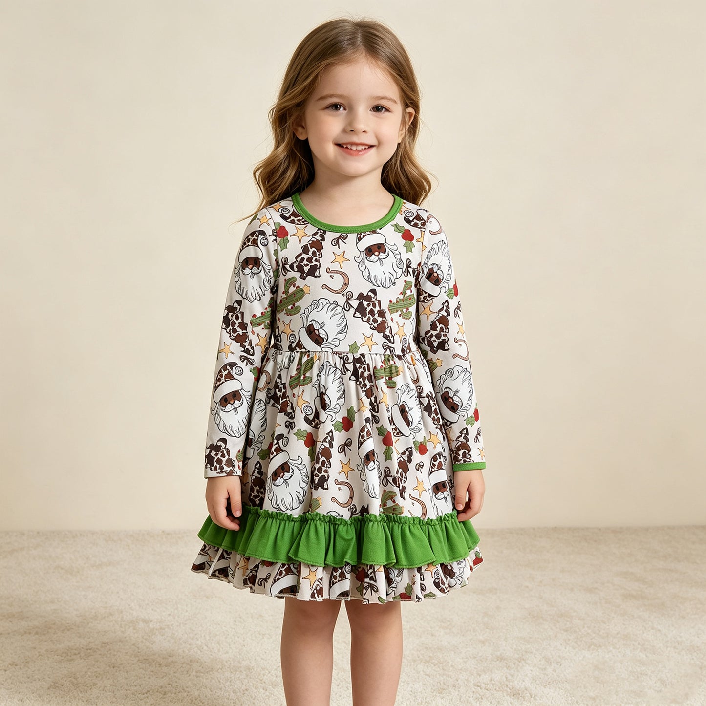 NEW RTS NO MOQ milk silk GLD1213 Baby Girls Cute Long Sleeves Santa Cactus Plaid Ruffle Knee Length Dresses