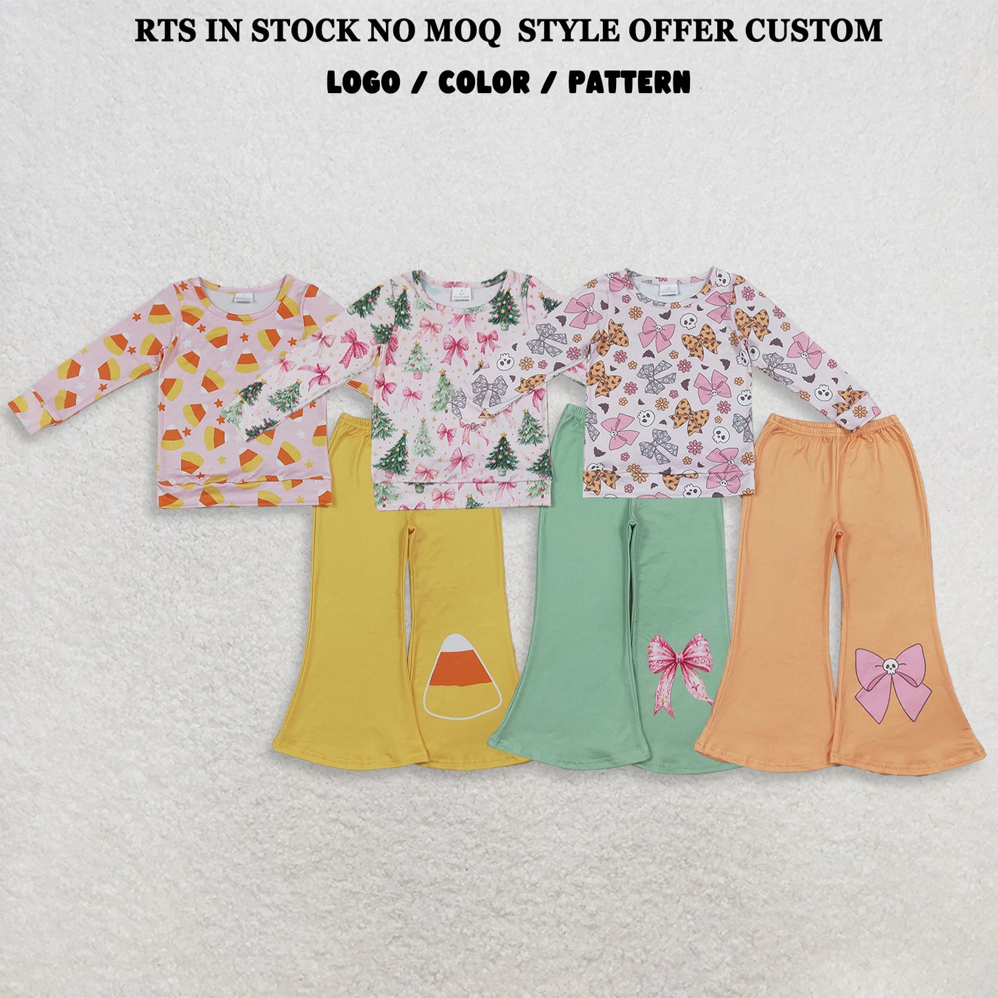 RTS NO MOQ Sibling milk silk Baby Girls Stars Candy Top Flare Pant Halloweens Clothes Sets Fall Holiday Outfit