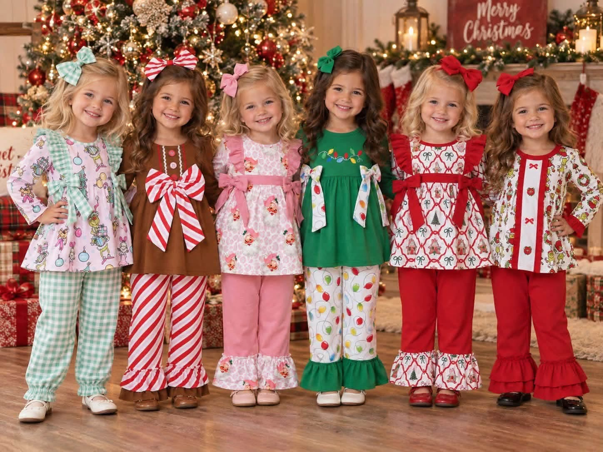 RTS NO MOQ Sibling milk silk Baby Girls Cute Tree Bow Long Sleeve Tunic Ruffle Pants Holiday Set