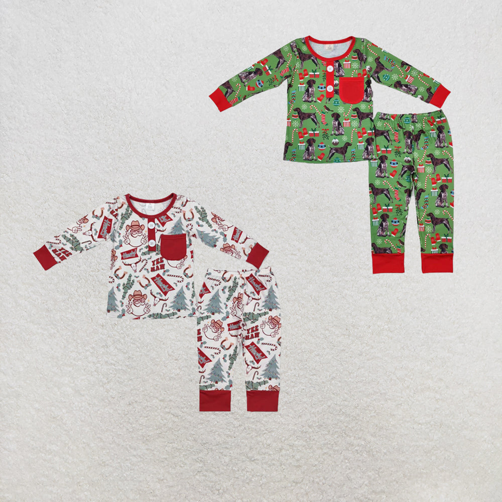 RTS NO MOQ Sibling milk silk Baby Boys Bamboo Fabric Western Santa Cactus Christmas Top And Pants Sets