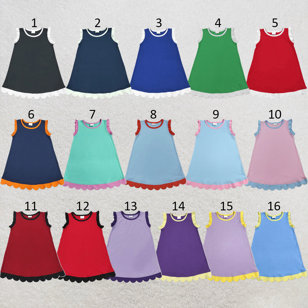 RTS NO MOQ Sibling cotton Baby Girls Solid Sleeveless Scallop Trim Knee Length Casual Summer Dress