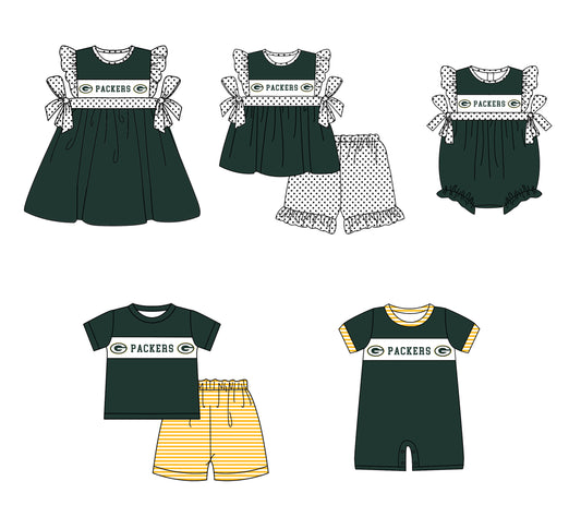 Custom moq 5 mix size milk silk summer teams baby girl boys clothes Dark green short sleeve shorts sets 2  and dress and rompers 2 series