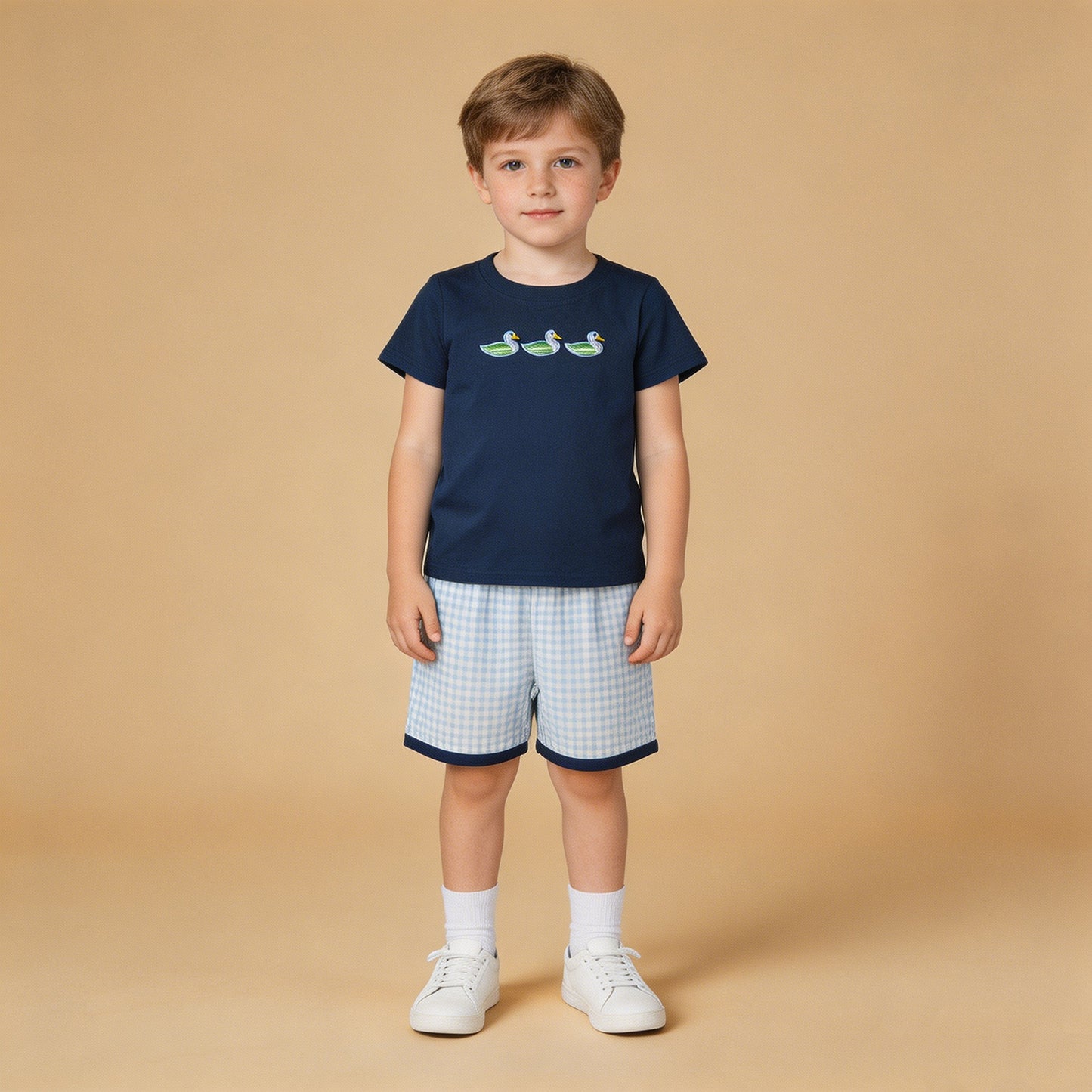 RTS NO MOQ milk silk BSSO1938 Navy Embroidery Duck Baby Boys Top Plaid Shorts Hunting Outfits