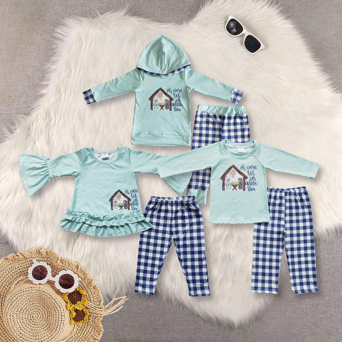 RTS NO MOQ Sibling baby boy girls clothes Embroidered Wooden House Mint Green Long Sleeve Top & Blue Plaid Trousers Set
