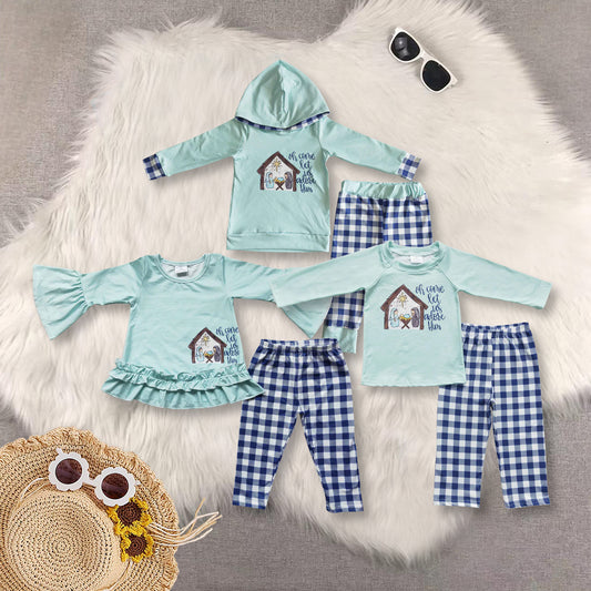 RTS NO MOQ Sibling baby boy girls clothes Embroidered Wooden House Mint Green Long Sleeve Top & Blue Plaid Trousers Set
