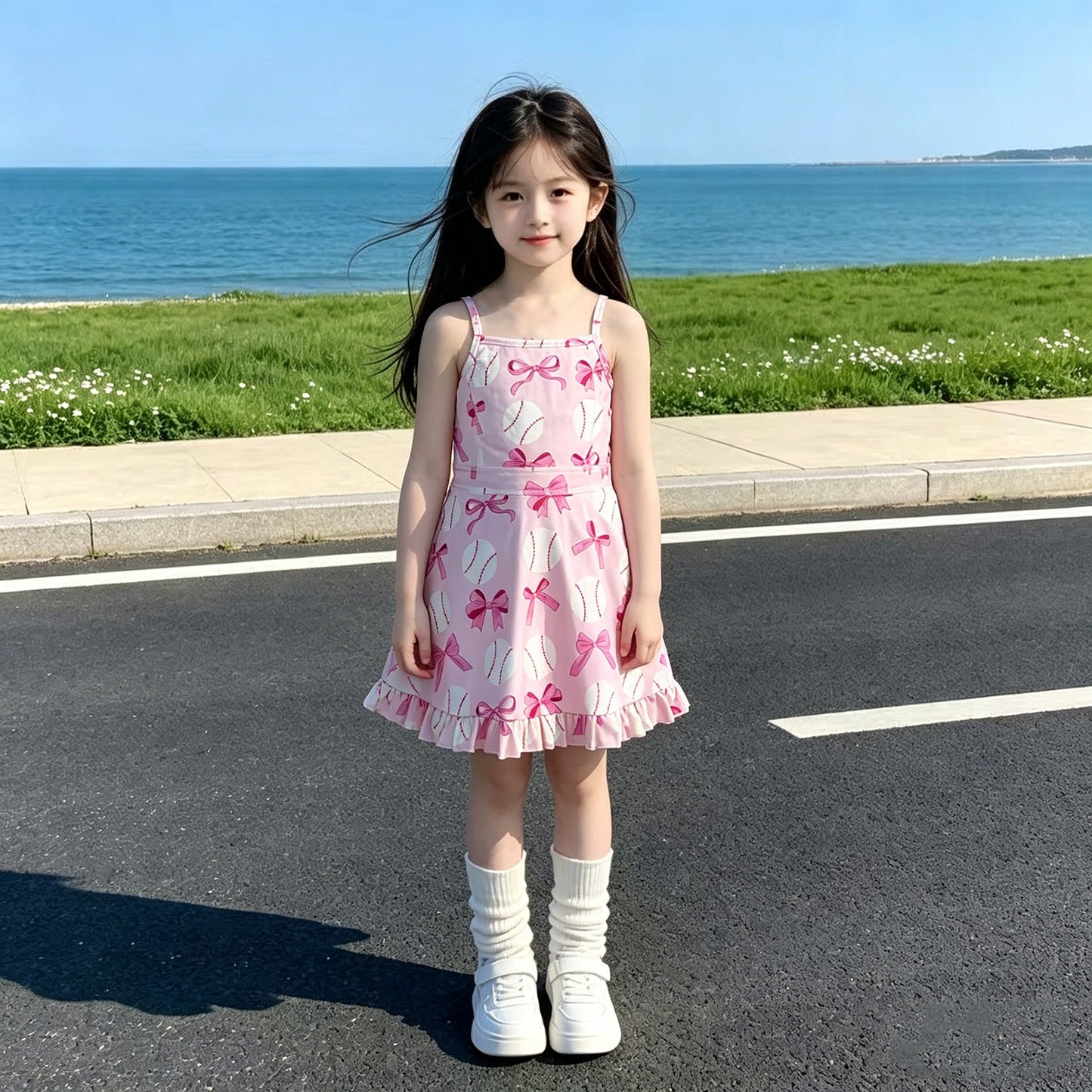RTS NO MOQ GSD2567 Baby Girls Baseball Print Pink Strap Bow Casual Yoga Dresses