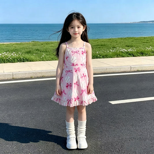 RTS NO MOQ GSD2567 Baby Girls Baseball Print Pink Strap Bow Casual Yoga Dresses