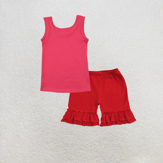 RTS NO MOQ GT0991+SS0184 Baby Girls Pink Sleeveless Yoga Tee Shirts Vests Ruffle Shorts Set