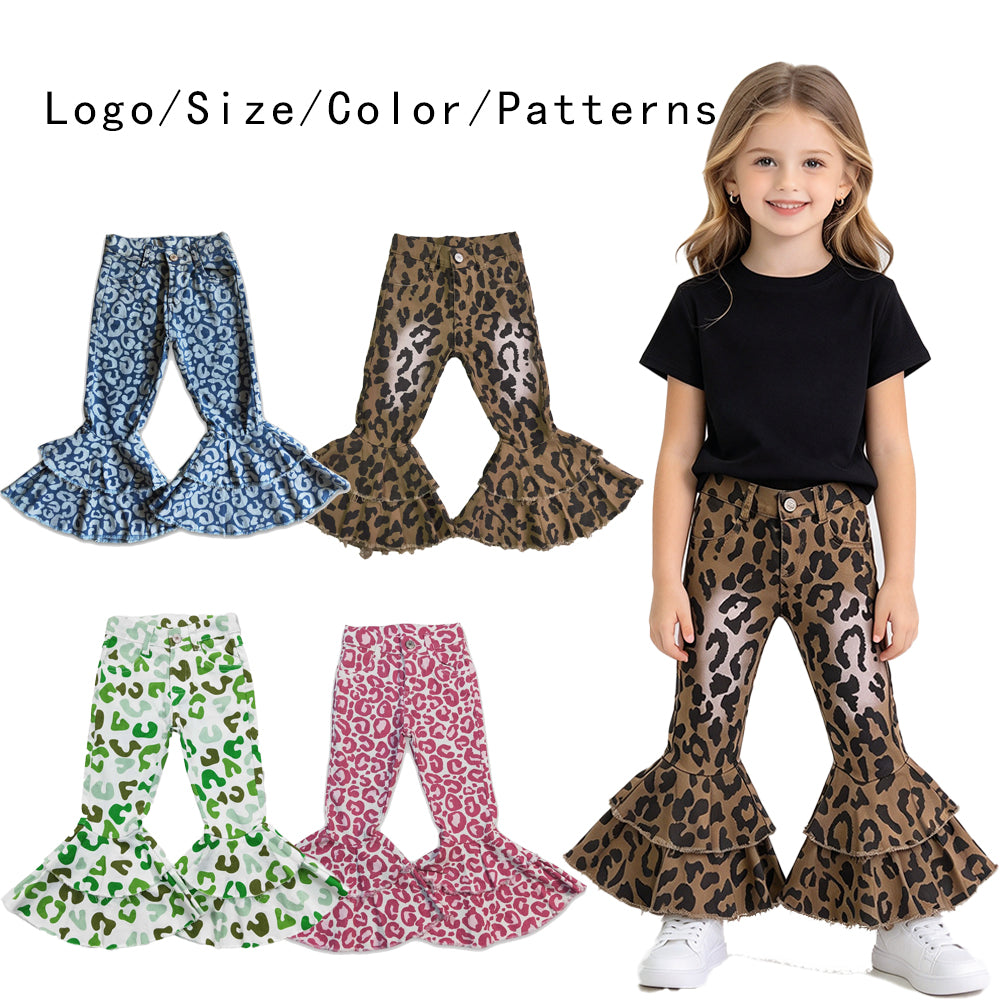 RTS NO MOQ Sibling Denim Baby Girls Leopard Print Double Ruffle Bell Bottom Denim Pants