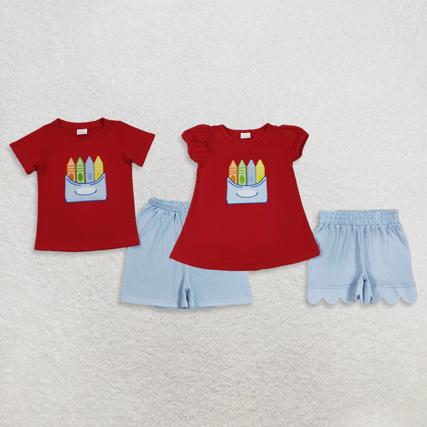 RTS NO MOQ Sibling milk silk Baby Girls Boys Embroidery Pencil Print Shirt Top Matching Shorts Back To School Clothes Set（2T-14-16T）
