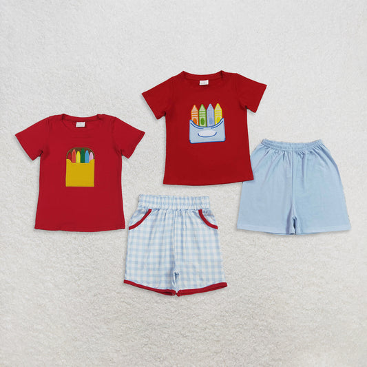 RTS NO MOQ Sibling milk silk Baby Boys Embroidery Pencil Print Short Sleeve Shirt Top And Shorts Two Piece Back To School Clothes Set（2T-14-16T）