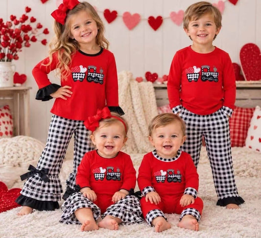 RTS Boys and girls valentine embroidery Short Sleeve Shorts sets romper