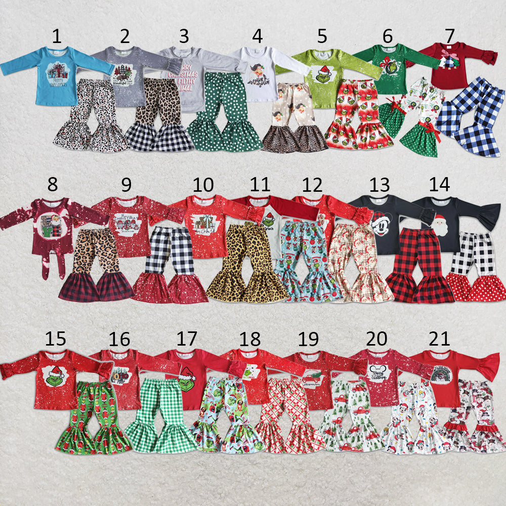 RTS NO MOQ Sibling milk silk Baby Girls Christmas Tractor Tree Bell Print Long Sleeve Top And Flared Bell Bottom Pants Two Piece Holiday Clothes Set