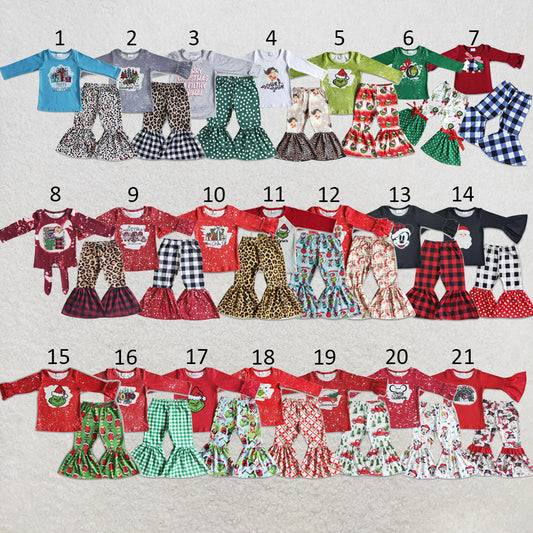 RTS NO MOQ Sibling milk silk Baby Girls Christmas Tractor Tree Bell Print Long Sleeve Top And Flared Bell Bottom Pants Two Piece Holiday Clothes Set