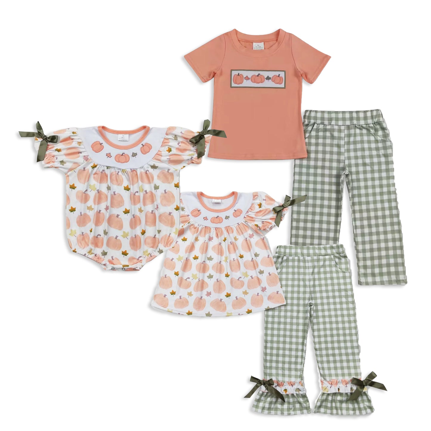 RTS NO MOQ Sibling Baby girls boy clothes Embroidery pumpkin short sleeved trousers suit & romper