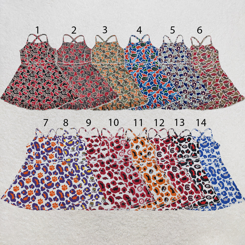 RTS NO MOQ Sibling yoga fabric Baby Girls Strap Camo Team Print Ruffle Knee Length Yoga Active Dress