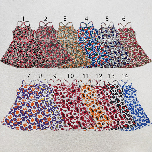 RTS NO MOQ Sibling yoga fabric Baby Girls Strap Camo Team Print Ruffle Knee Length Yoga Active Dress
