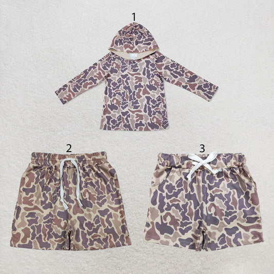 RTS NO MOQ Sibling milk silk Baby Boys Camo Print Hoodie Top Matching Pocket Shorts Two Piece Clothes Set