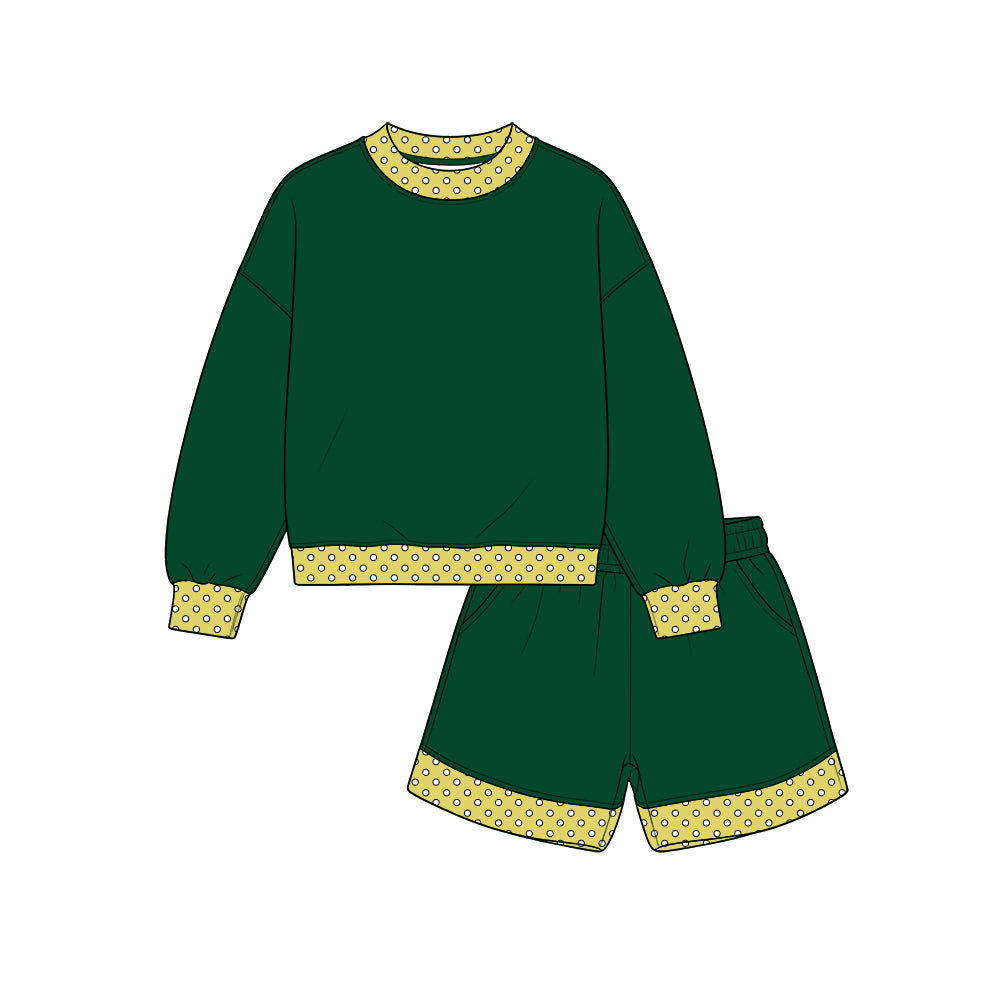 Custom moq 5 cotton fabric girls sets  Green and yellow long-sleeve top and shorts set blank offer custom logo sets
