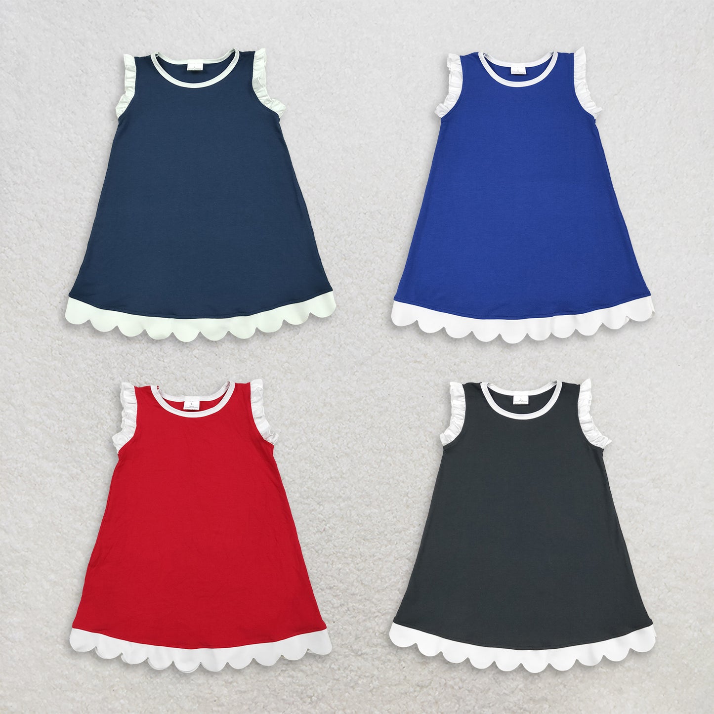 RTS NO MOQ Sibling cotton Baby Girls Solid Color Sleeveless Scallop Knee Length Dress