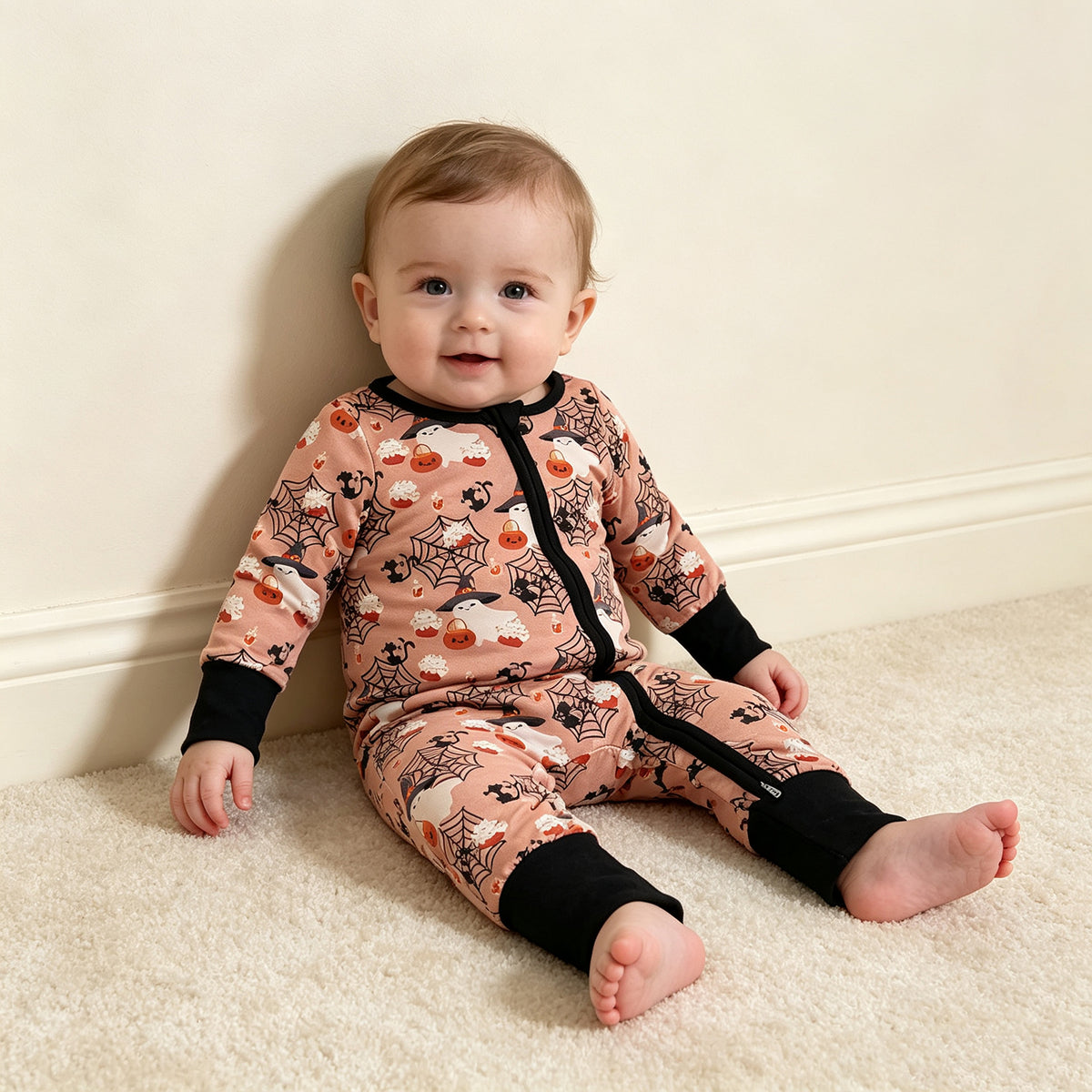 NEW RTS NO MOQ milk silk LR3250 Baby Boys Ghost Pumpkins Halloween Two Way Zip Convertible Holiday Rompers