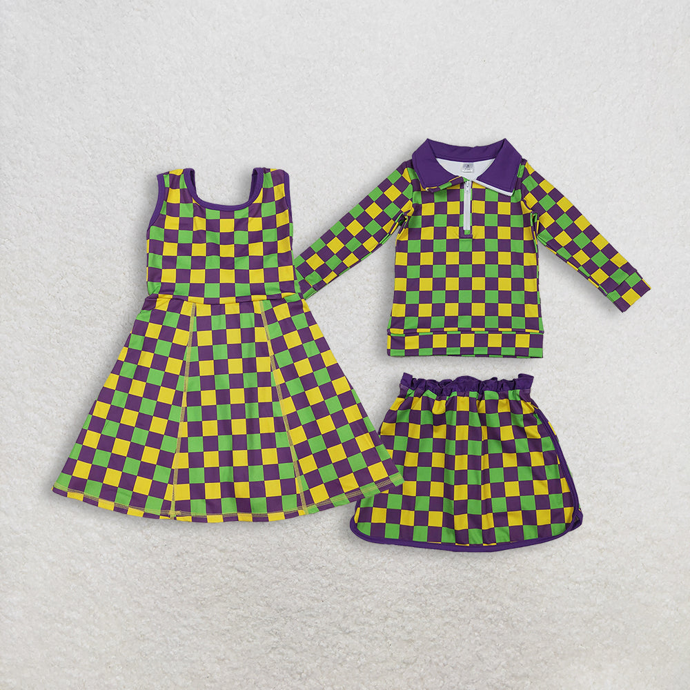 RTS NO MOQ Sibling baby girl clothes yoga mardi gras long-sleeved skirt suits and dress