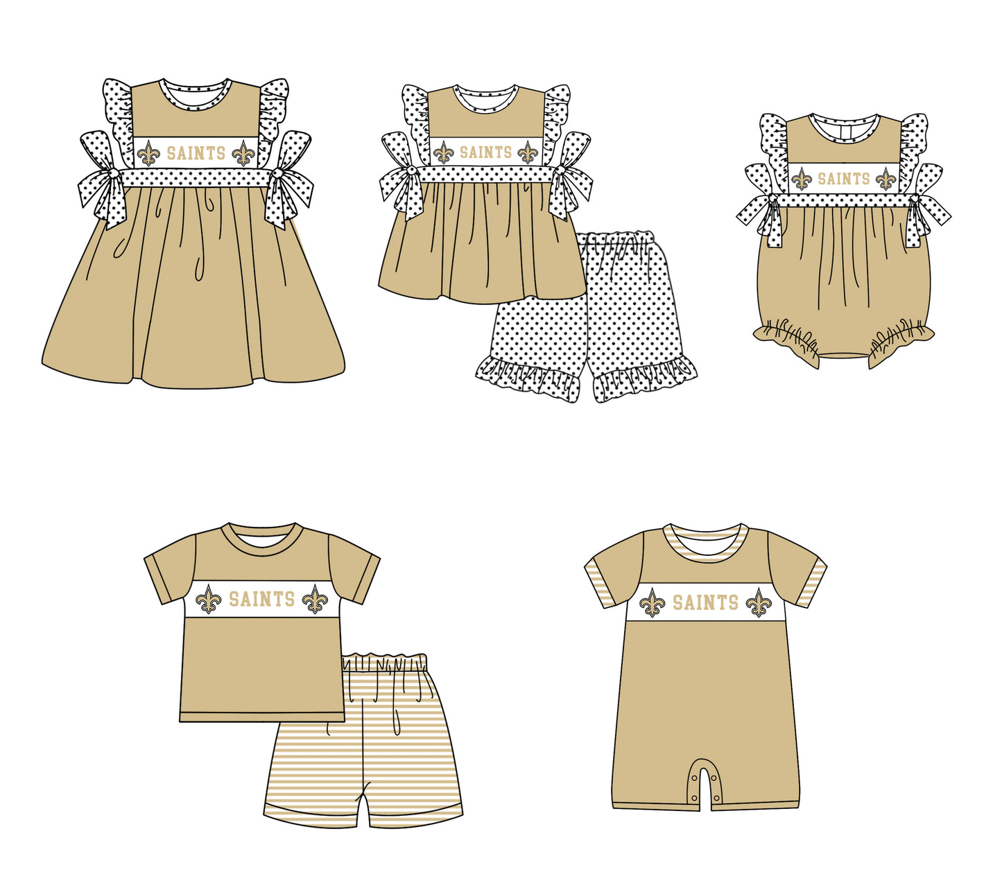 Custom moq 5 mix size milk silk summer teams baby girl boys clothes Light khaki short sleeve shorts sets 2  and dress and rompers 2 series