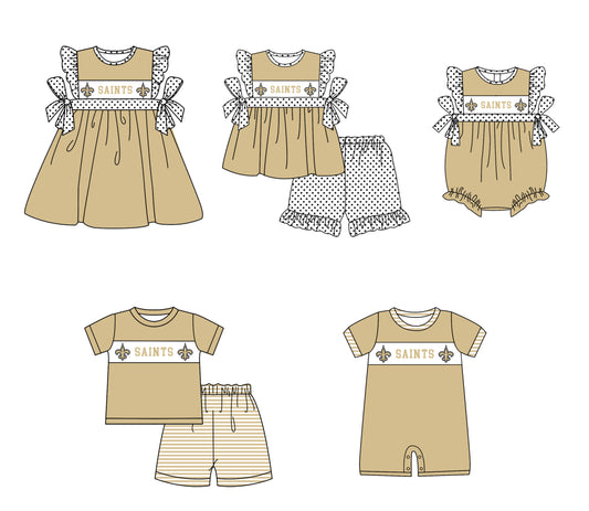 Custom moq 5 mix size milk silk summer teams baby girl boys clothes Light khaki short sleeve shorts sets 2  and dress and rompers 2 series