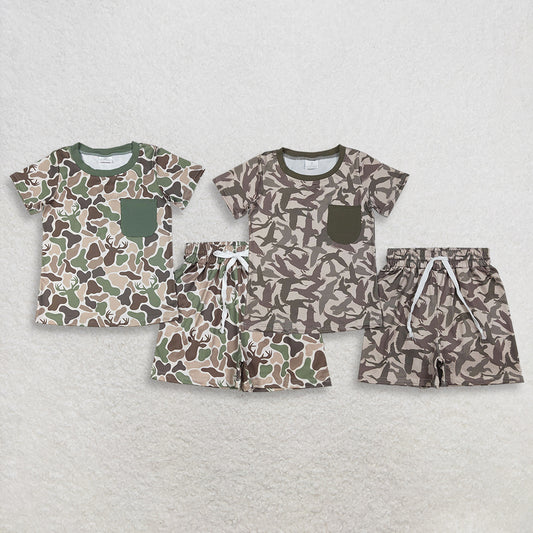 RTS NO MOQ Sibling Baby Boys Camouflage Pajamas Set with Pocket Top And Shorts Summer Outfit