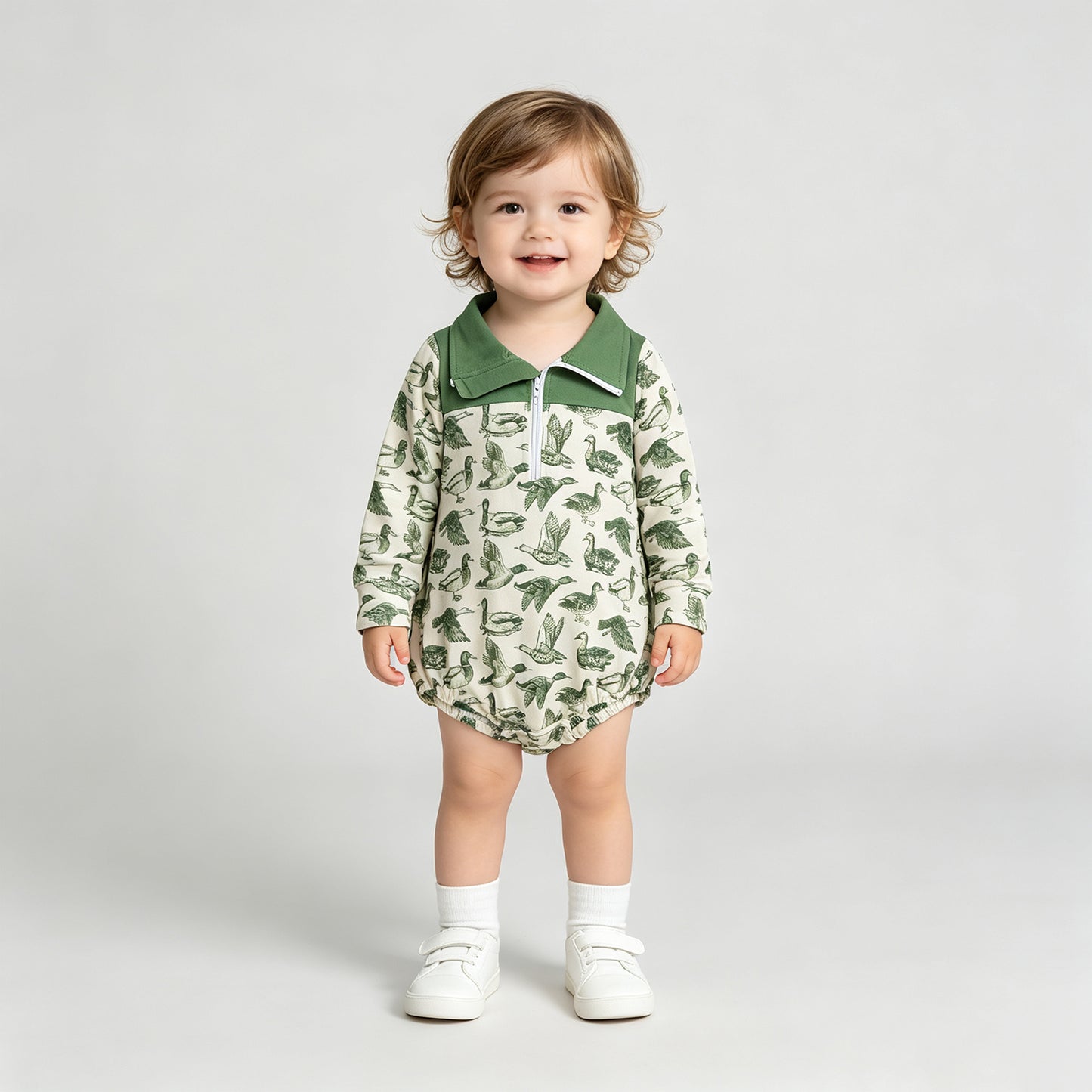 NEW RTS NO MOQ milk silk LR3050 Baby Boys Duck Hunting Print Long Sleeve Zipper Front Romper